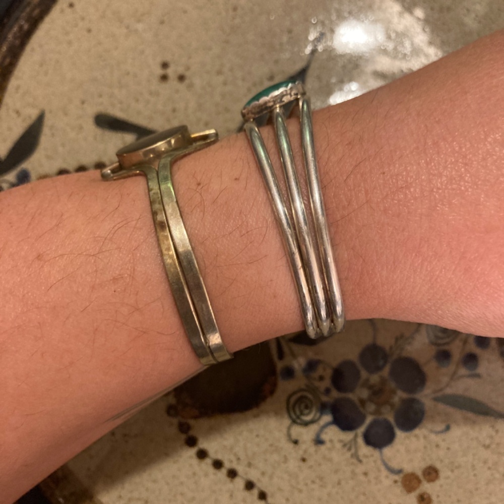 Pair Malachite shell Crystal stone Alpaca Silver bracelet Cuff - Picture 11 of 13